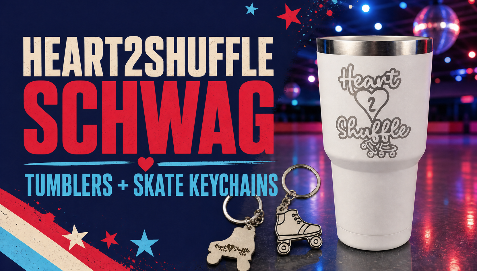 Heart2Shuffle Schwag featuring tumblers and skate keychains
